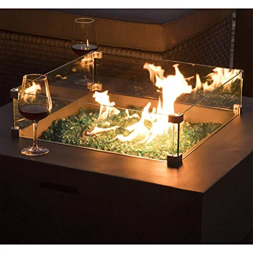 COSIEST Glass Wind Guard, Square, Tempered Glass for Outdoor Fire Pit, 21.5x21.5x5.5 inches