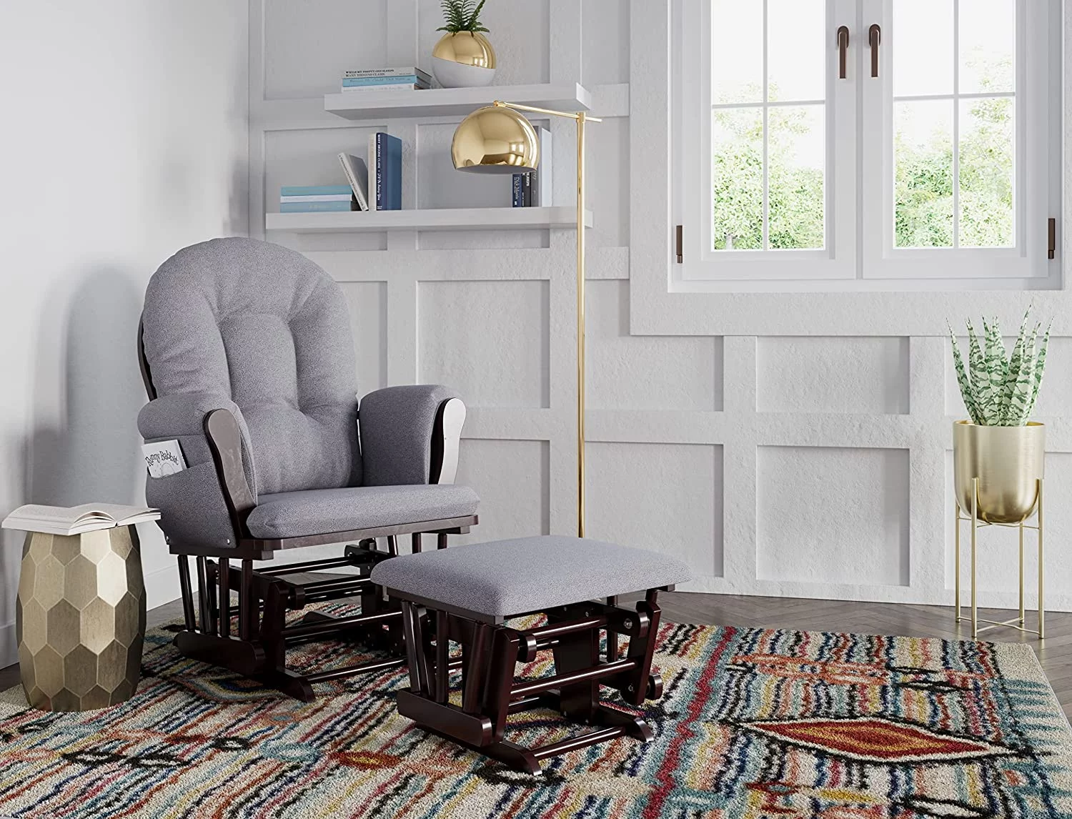 DALEI Premium Hoop Glider and Ottoman (Espresso Base, Gray Swirl Cushion) – Padded Cushions with Storage Pocket, Smooth Rocking Motion, Easy to Assemble, Solid Hardwood Base