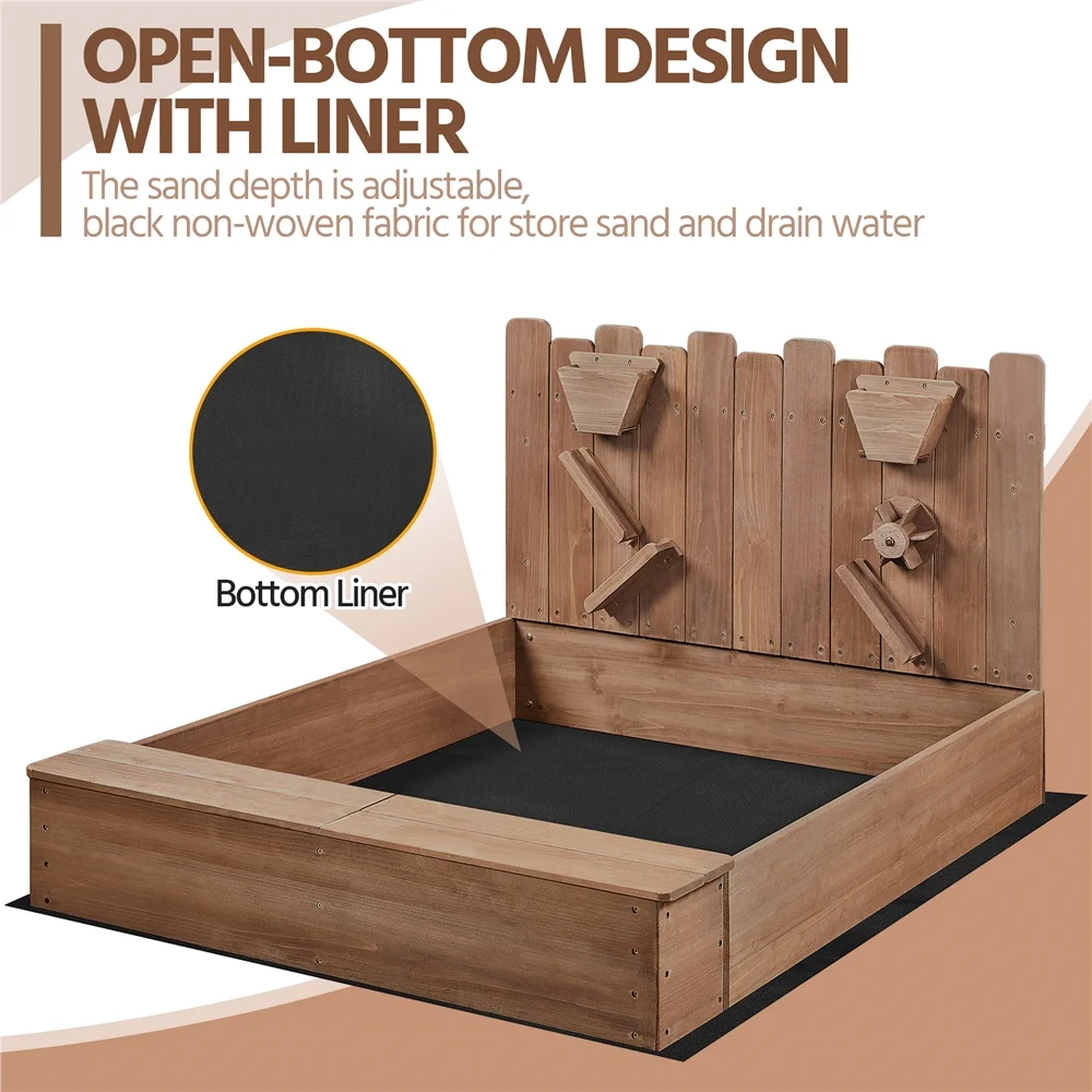 Topeakmart Wooden Kids Sandbox with Spinning Wheel, Dark Brown