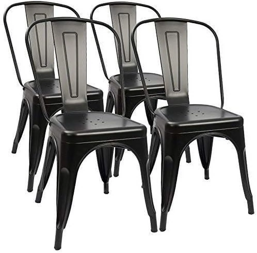 SJOPKMN Set of 4 Dining Chairs Industrial Style Metal Chair Metallic Stackable Vintage Set for Dining Room Terrace Kitchen Bistro Cafe Living Room Garden  Interior Exterior (Black)