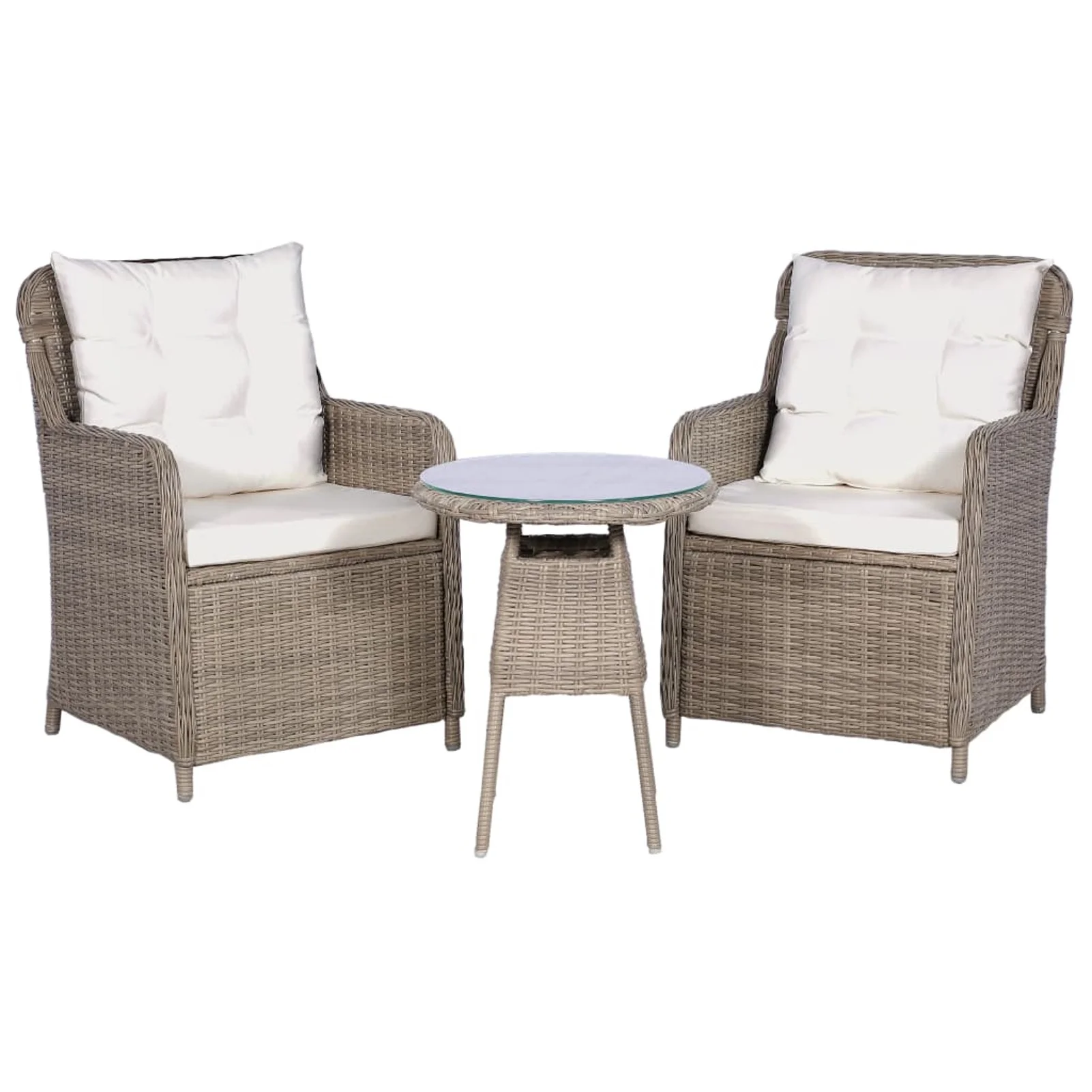 Carevas 3 Piece Bistro Set with Cushions and Pillows Poly Rattan Brown