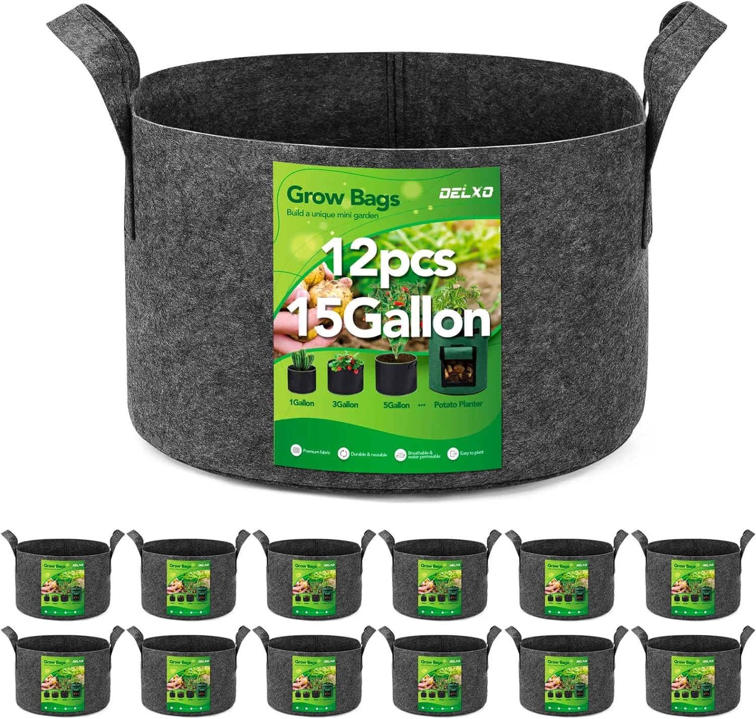 12-Pack 15 Gallon Heavy Duty Aeration Fabric Pots Thickened Nonwoven Plant Grow Bags Grey