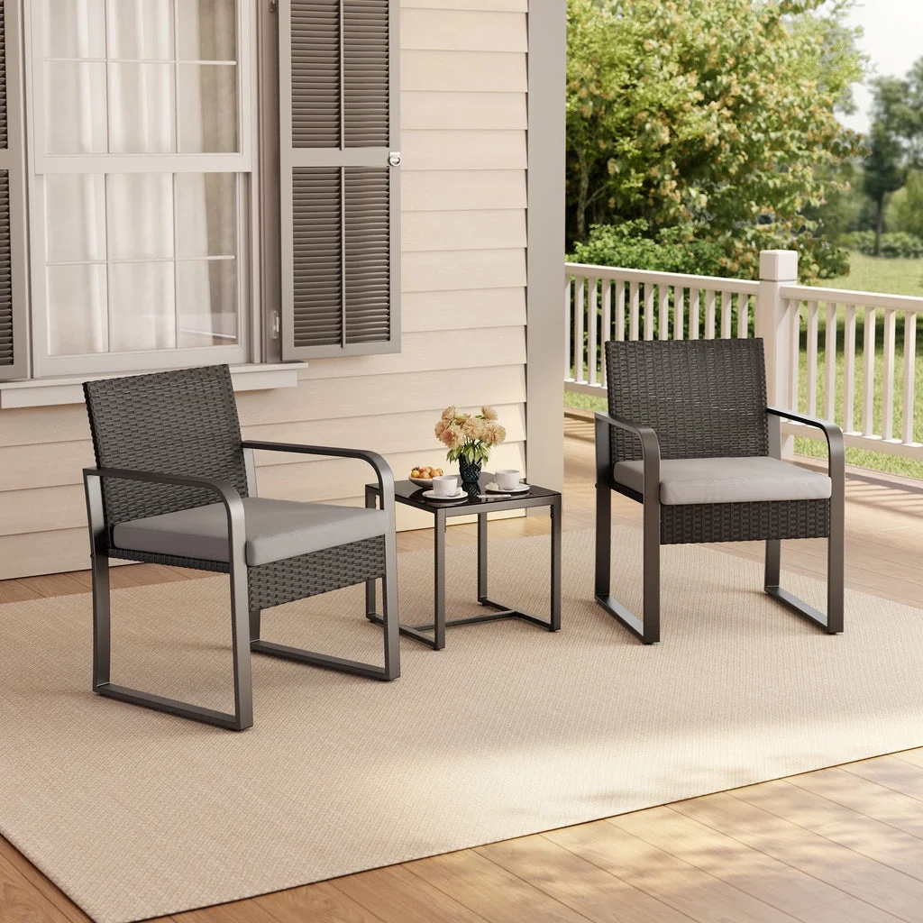 Aiho 3 Pieces Patio Set Outdoor Wicker Furniture Sets with Coffee Table for Yard，Home,Lawn,Balcony, Bistro(Gray)