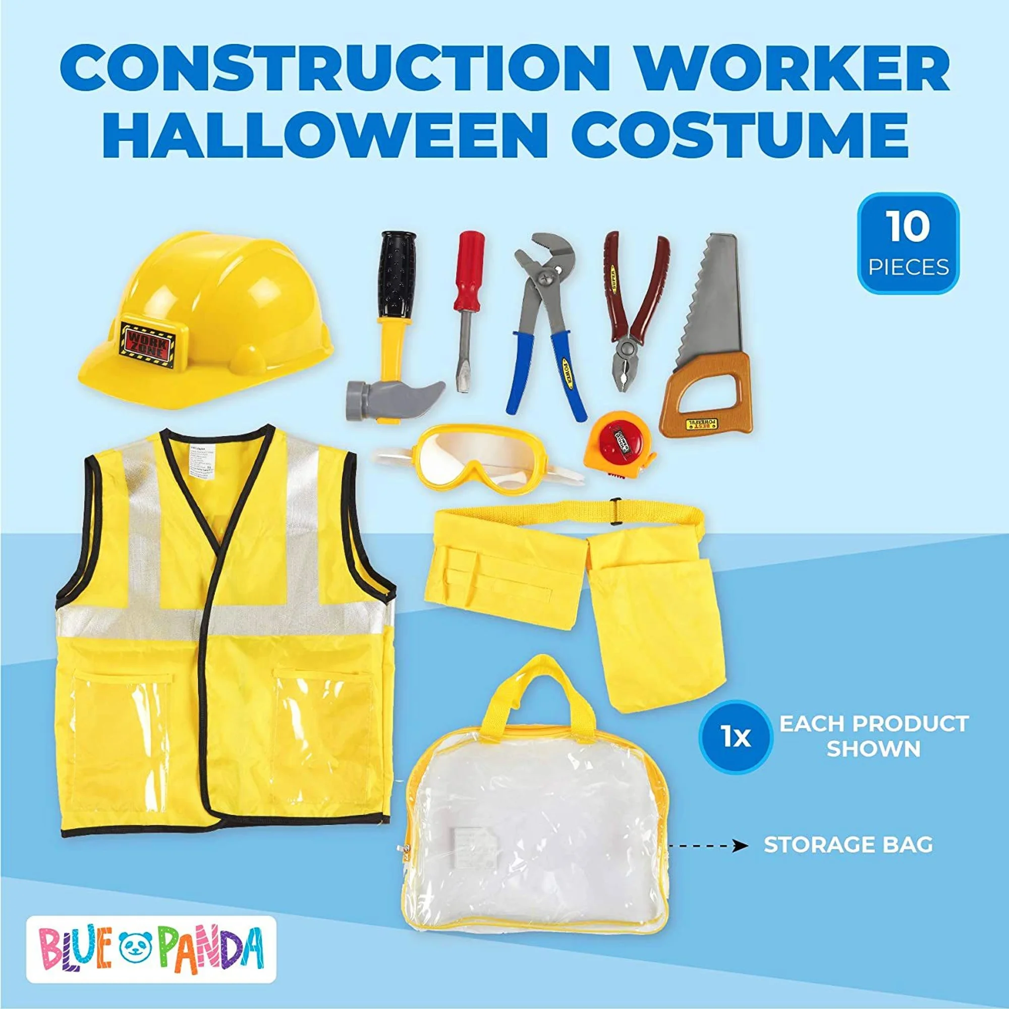 Kids Role Play Costume Set - 10-Piece Construction Worker Costume for Kids, Builder Dress Up Kit with Hard Hat, Tool Belt, Vest, and Other Accessories for Pretend Play, Halloween Dress Up, School Play