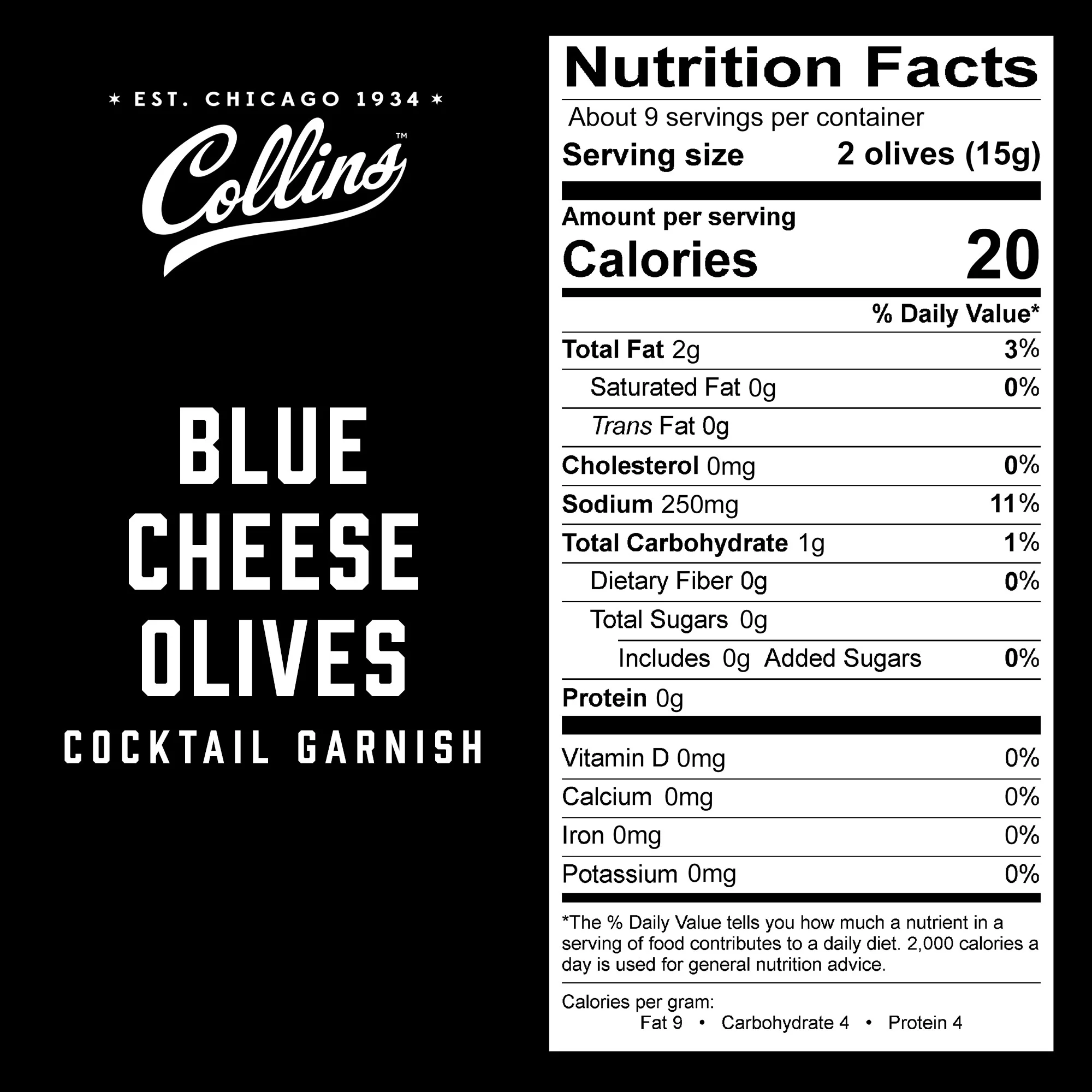 Collins Gourmet Blue Cheese Olives | Premium Stuffed-Cheese Garnish for Cocktails, Martinis, Bloody Marys, Snack Trays, Charcuterie, and Salads, 5oz