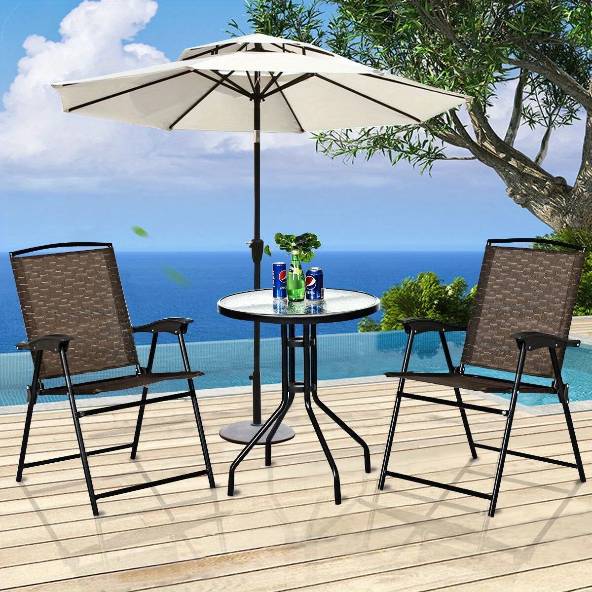 3PC Bistro Patio Garden Furniture Set 2 Folding Chairs Glass Table Top Steel NEW