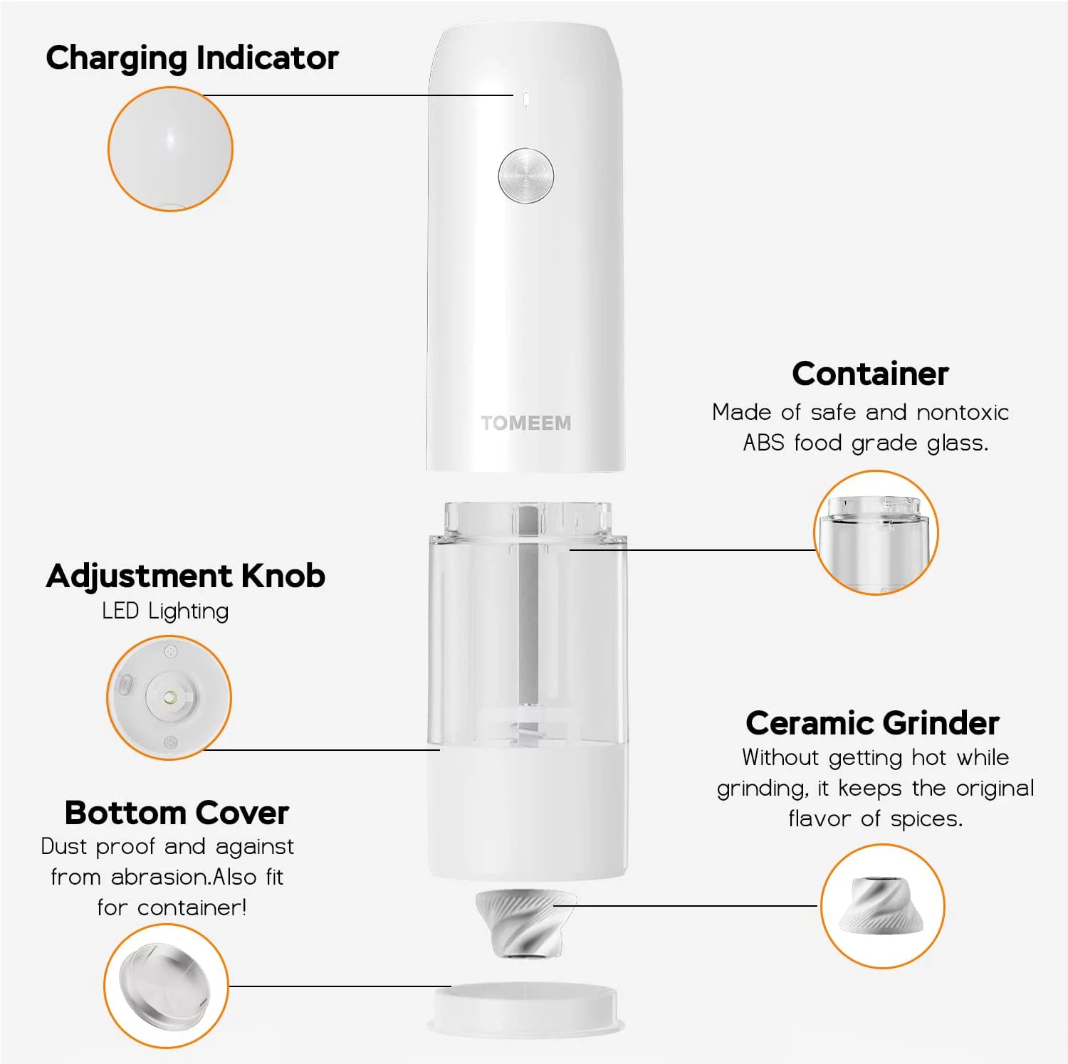 Tomeem Electric Salt and Pepper Grinder Set Rechargeable with 6-Level Adjustable Coarseness LED Light Upgraded Larger Capacity 46g