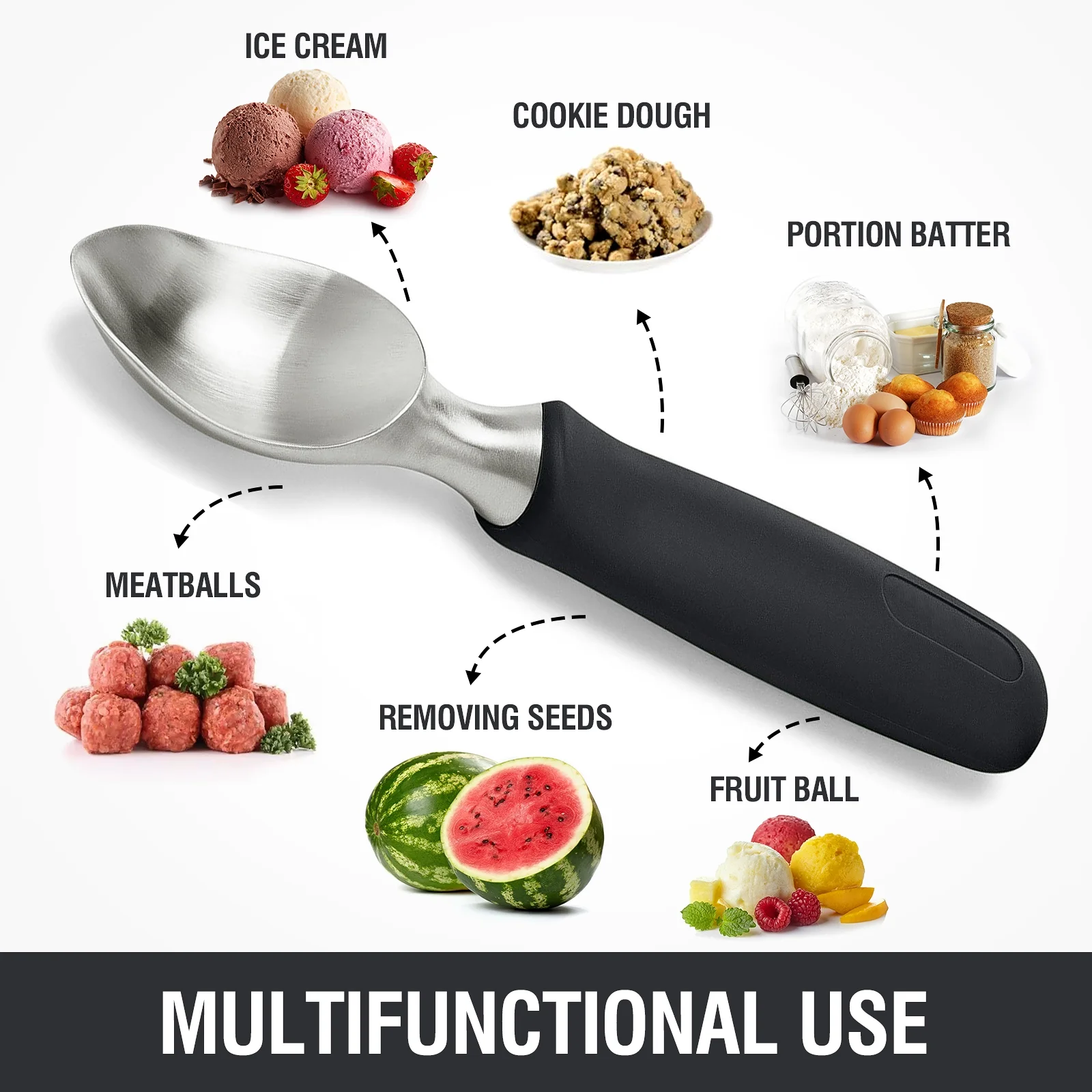 Badiano Stainless Steel Ice Cream Scoop,Black Baller Scooper,Length 8.27