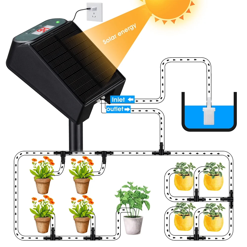Solar Drip Irrigation System - DFITO Auto Drip Irrigation Kits with Anti-Siphon Supports 15 Pots, Solar Powered Garden Watering System for Indoor & Outdoor Plants