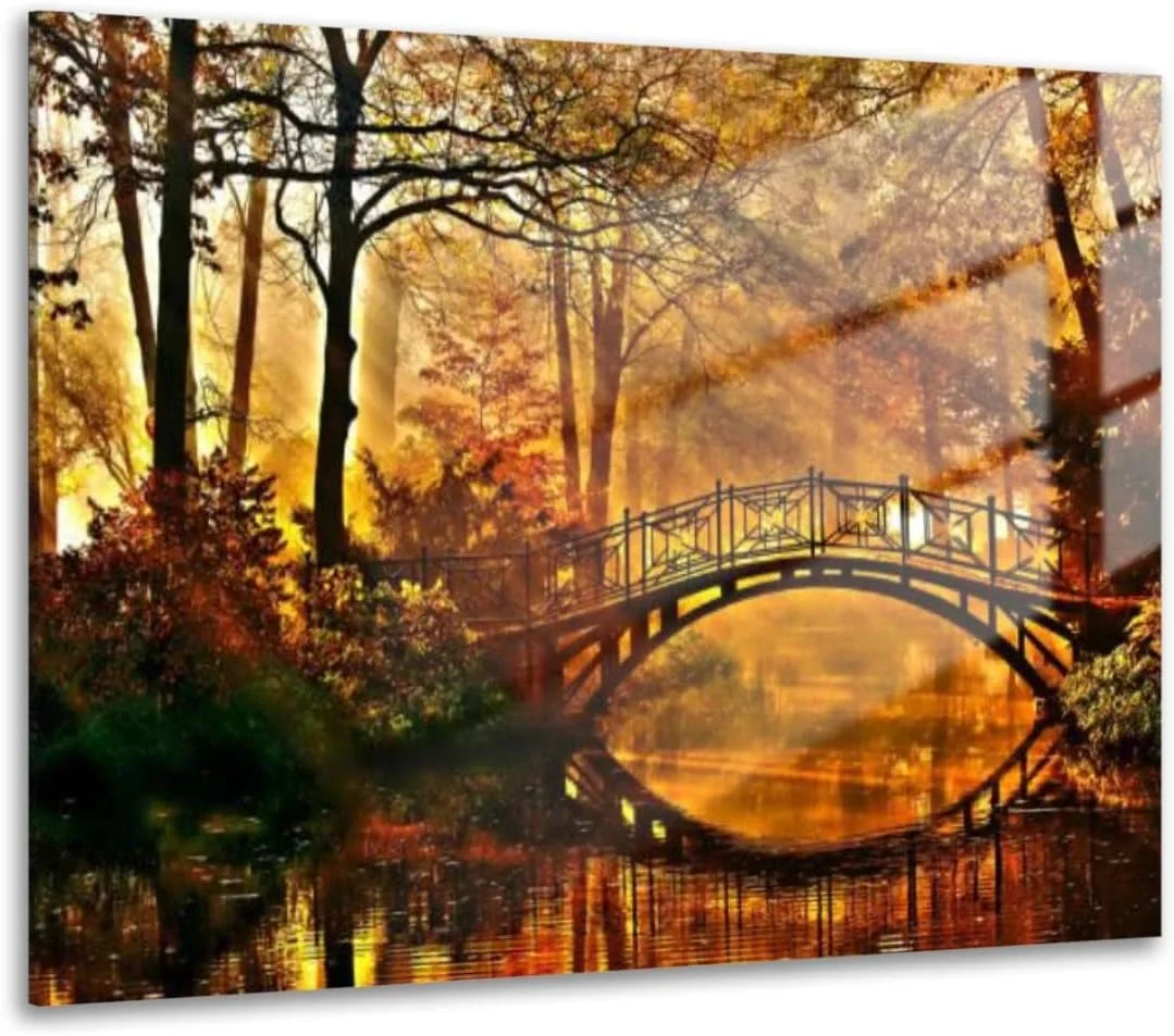 HelloGlass Tempered Glass Wall Art Prints rivers water flows slowly autumn forest Modern Wall Painting Artwork Free Floating Glass Home Decor for Living Room Bedroom Office 12x8inch