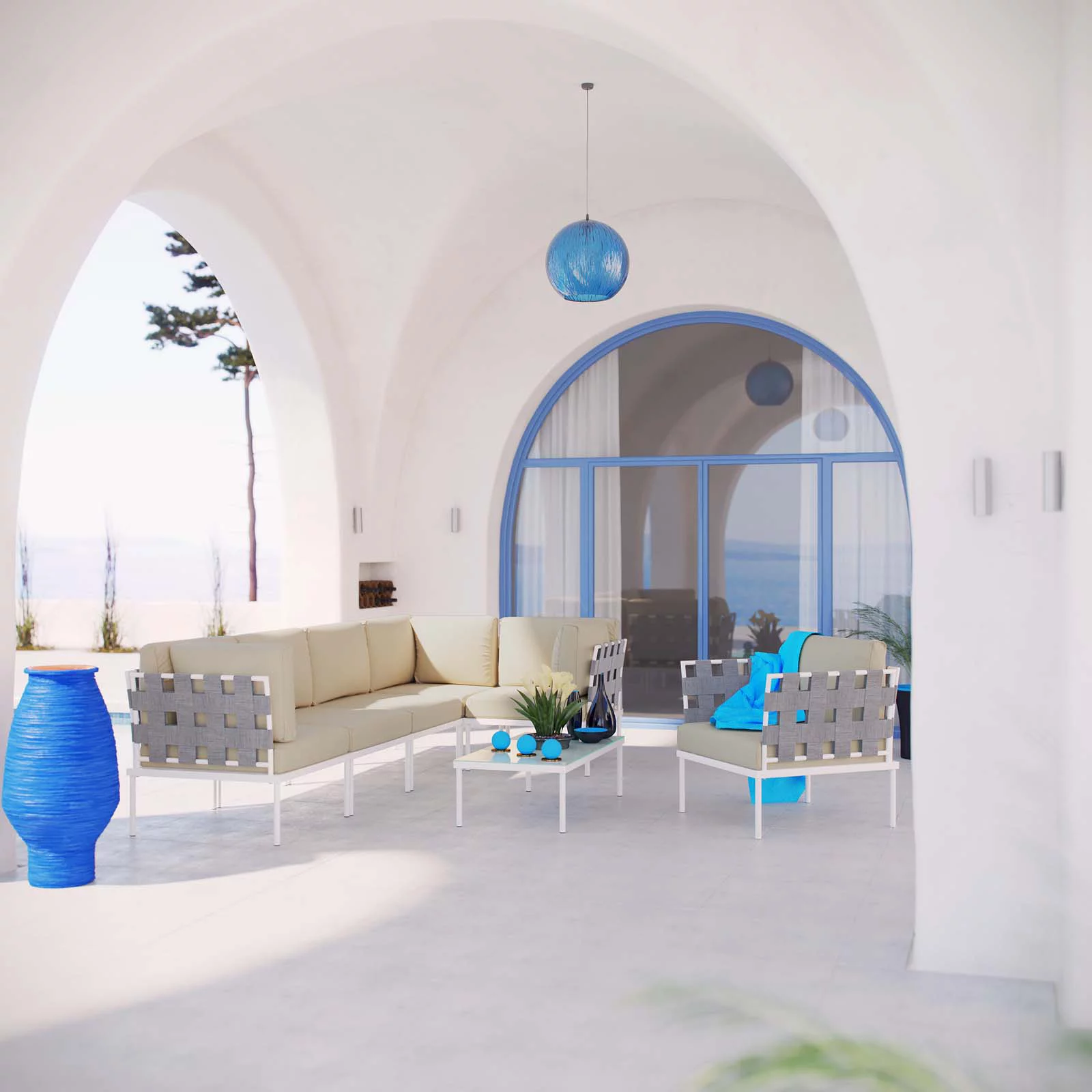 Modern Contemporary Urban Design Outdoor Patio Balcony Seven PCS Sectional Sofa Set, Beige White, Rattan