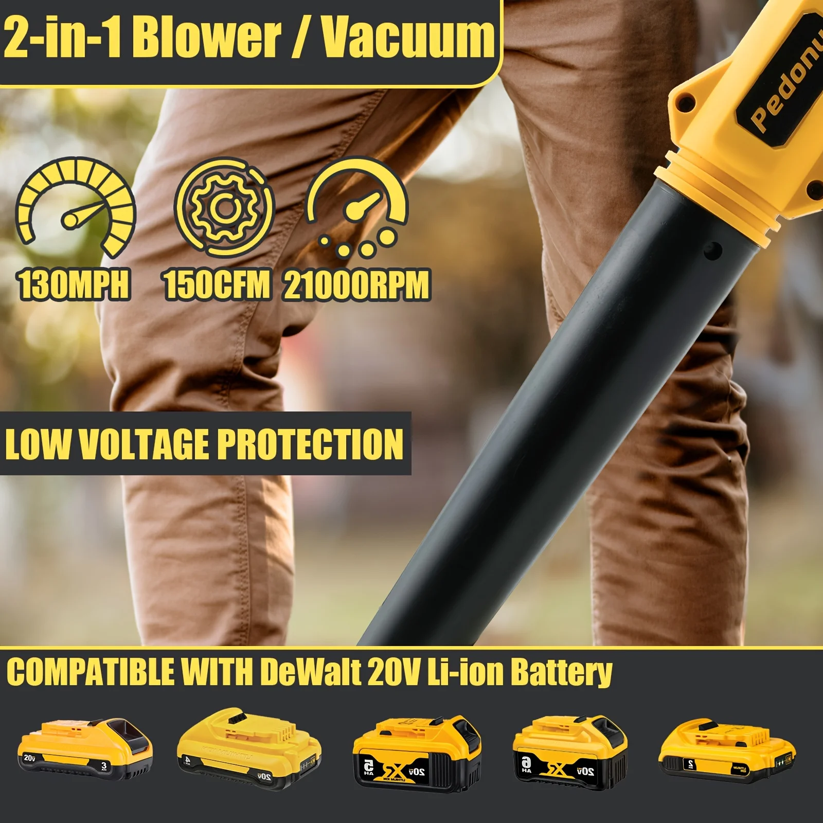 Cordless Leaf Blower for DEWALT 20V Max Battery,Electric Jobsite Air Blower,150CFM,Up to 130MPH,2-in-1 Handle Electric Blower and Vacuum Cleaner for Yard Cleaning(Battery Not Included)