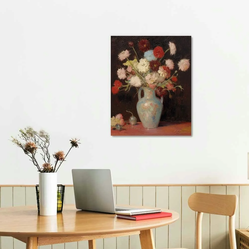 YIKUMA Framed Canvas Wall Art Vase with Chinese Asters and Gladioli by Van Gogh Oil Paintings Modern Abstract HD Canvas Prints Flowers Artwork Pictures for Living Room Wall Decor 16x20in 12x16 in