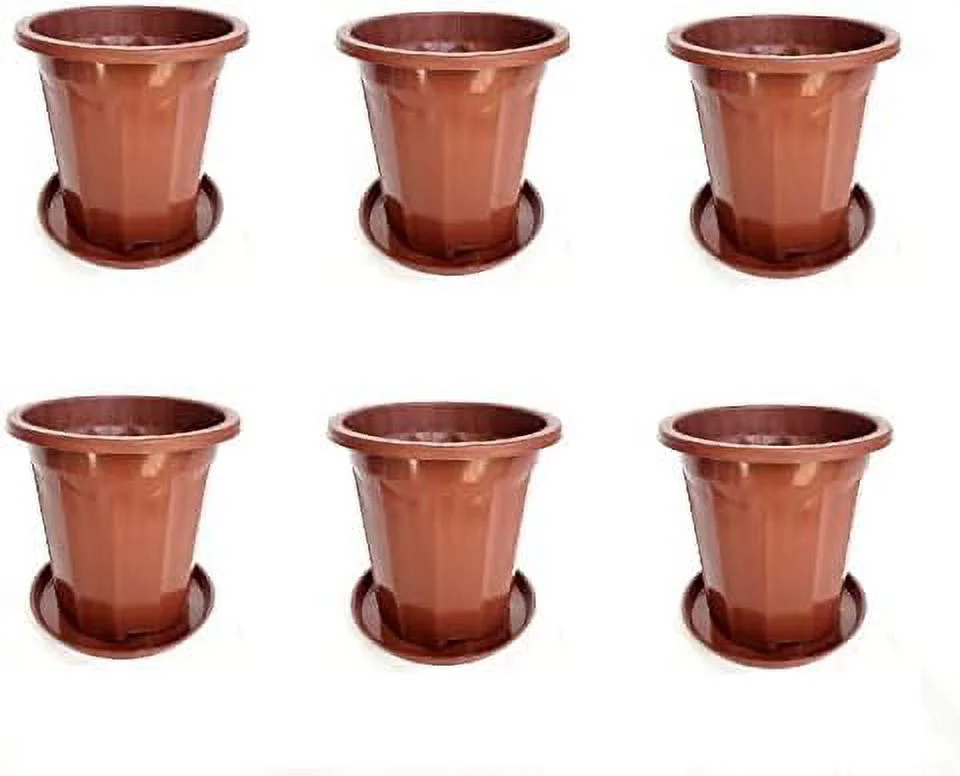 6 Sets / 4.5 Trade-Gallon Diameter 10.71In Brick Red Plastic Pots With Tray/ Hydrophobic Hole Design, RHER330-6-T, 11In-12In