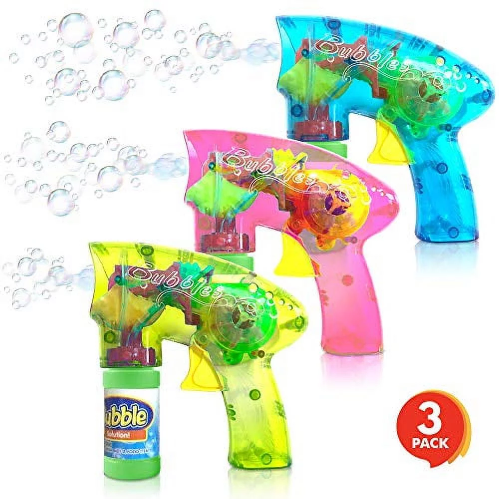 ArtCreativity Friction Powered Light Up Bubble Blaster Gun Set - Set of 3 - Includes 3 LED Bubbles Guns and 6 Bottles of Bubble Fluid - No Batteries Needed - Outdoor, Indoor Fun - Gift Idea, Party