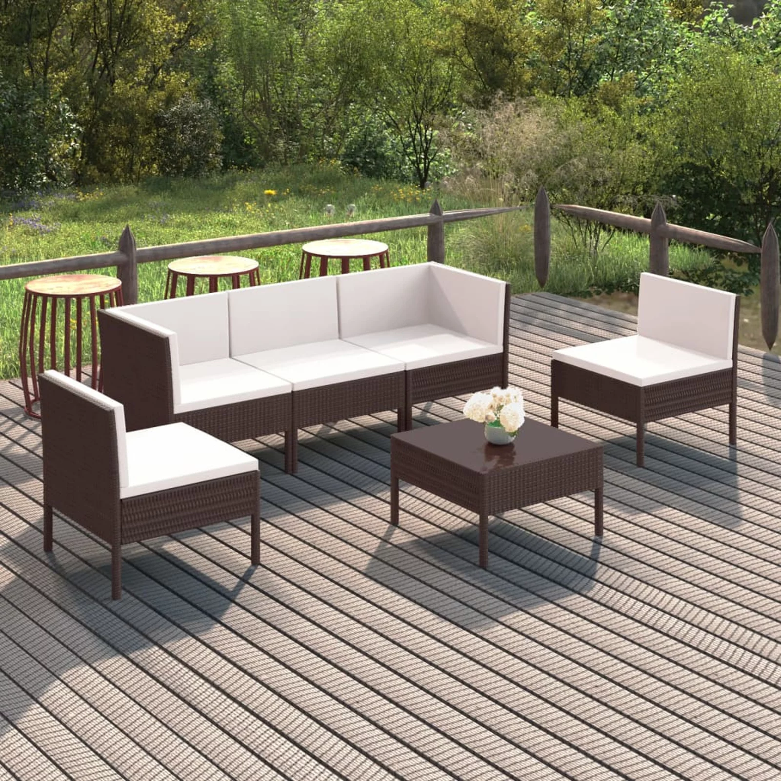 Anself 6 Piece Garden Conversation Set Cushioned 2 Corner Sofa and 3 Middle Sofas with Coffee Table Brown Poly Rattan Sectional  Furniture Set for Patio, Backyard, Patio, Balcony