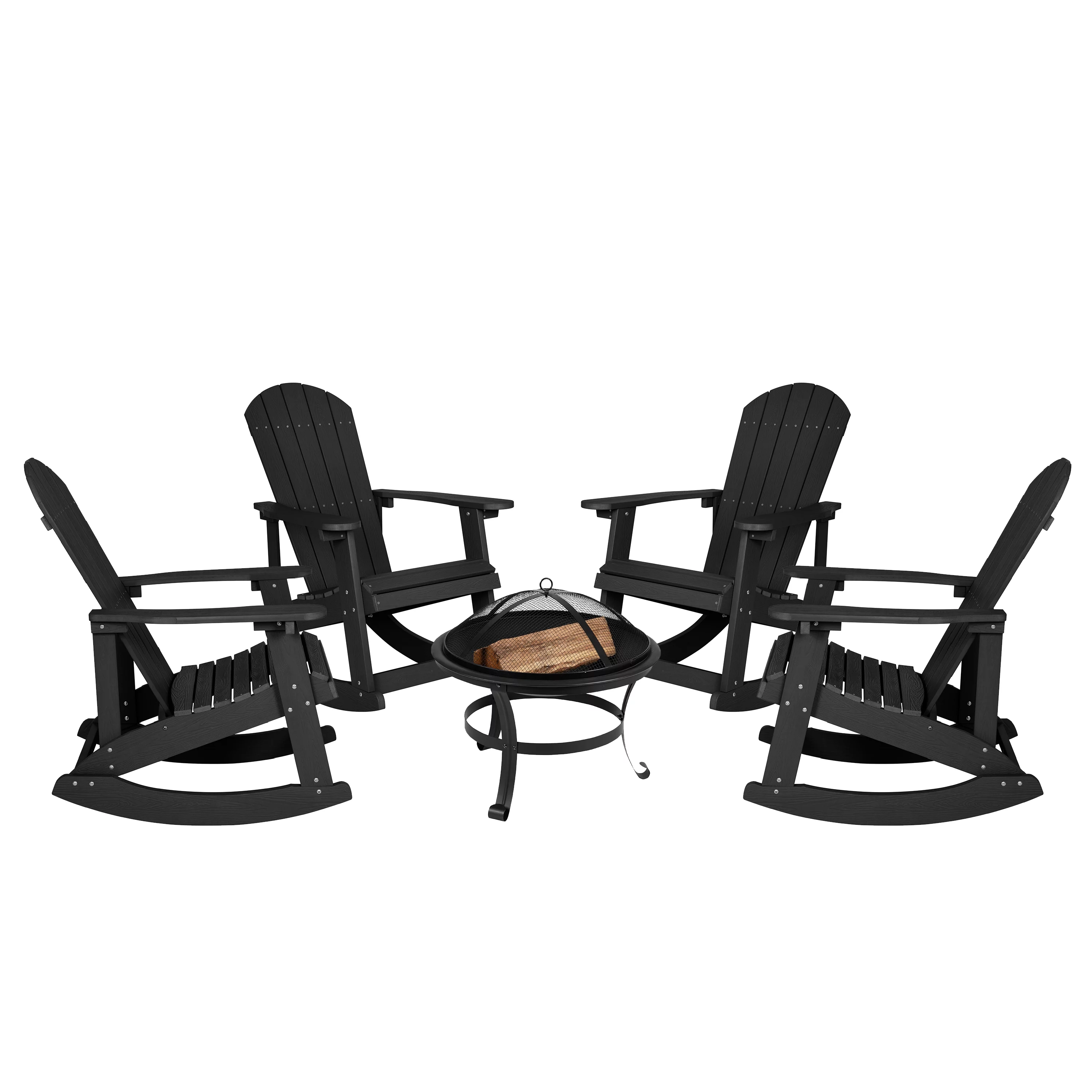 Merrick Lane 3 Piece Outdoor Set with 4 Black Classic Adirondack Rocking Chairs & Wood Burning Fire Pit with Poker/Spark Screen