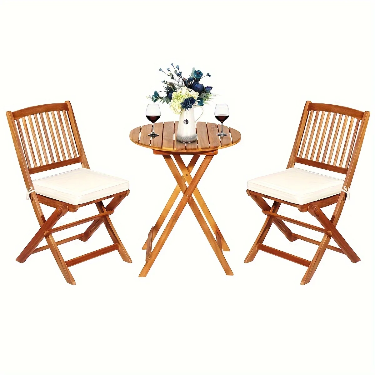 3pcs Patio Folding Wooden Bistro Set, 2pcs Cushioned Chairs And 1pc Round Table, Outdoor Conversation Set For Garden, Backyard, Balcony, Porch
