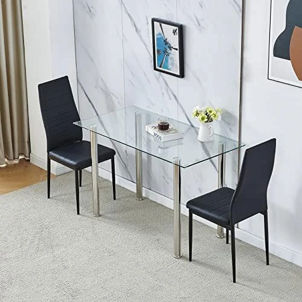 MQLIFEBOOM 3 Piece Kitchen Dining Table Set Rectangular Glass Kitchen Table and Leather Chairs Set with Metal Legs for Dining Room  Kitchen  Dinette