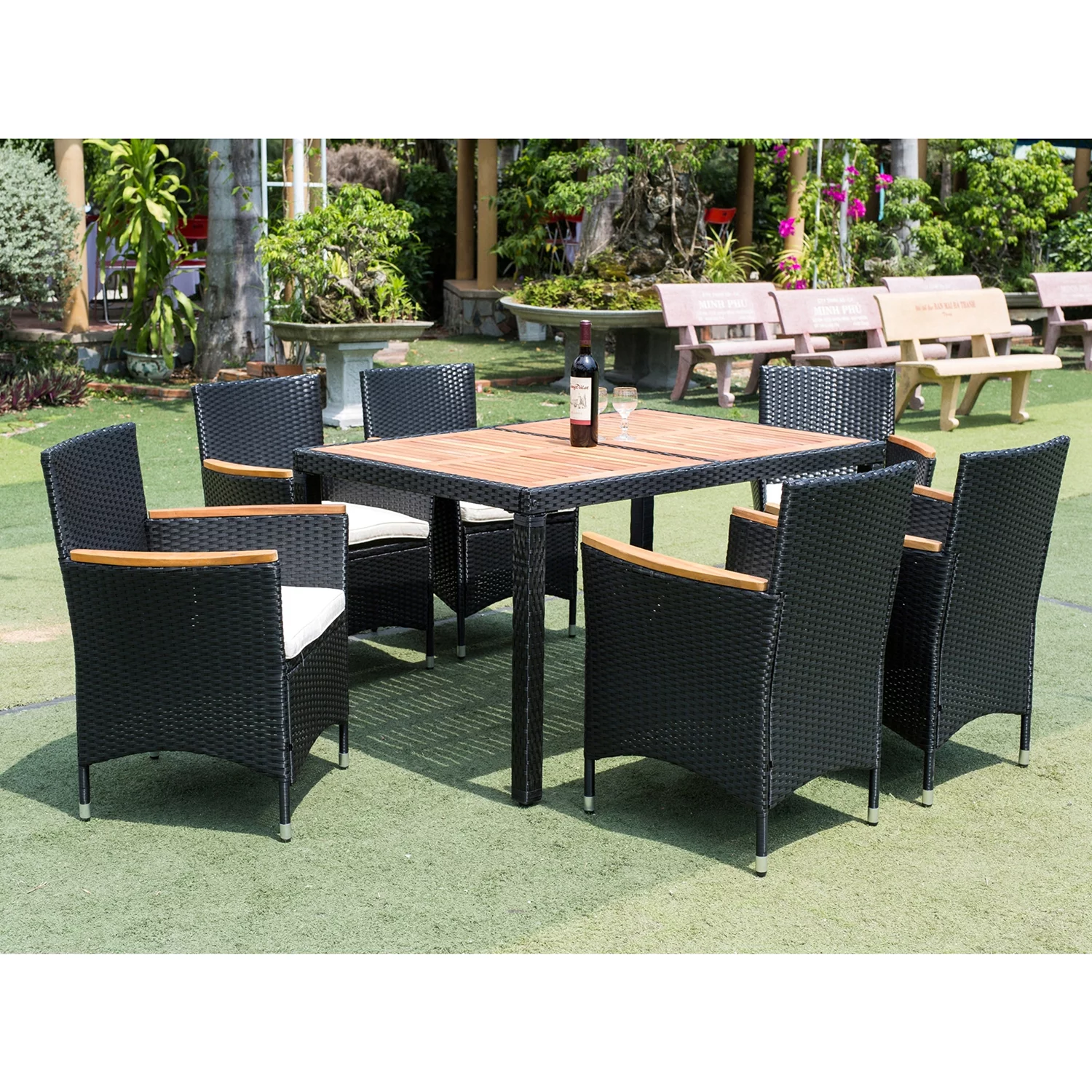 Dcenta 7 PCS Patio Rattan Dining Set Patio Wicker Dining Set wAcacia Wood Wicker Dining Table and Chairs Set