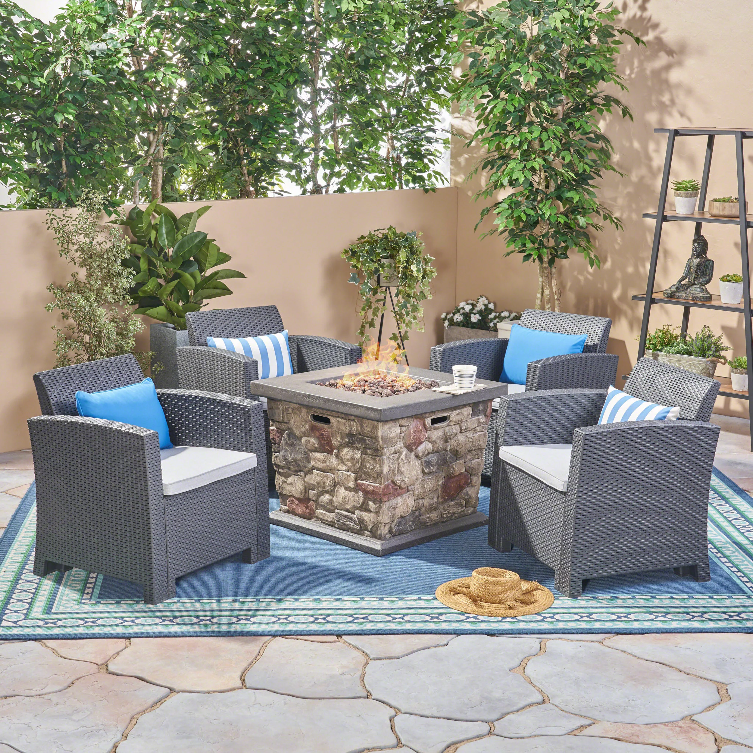 GDF Studio Wuerpel Outdoor Faux Wicker 5 Piece Club Chair and Fire Pit Set with Cushion, Charcoal, Light Gray, and Stone