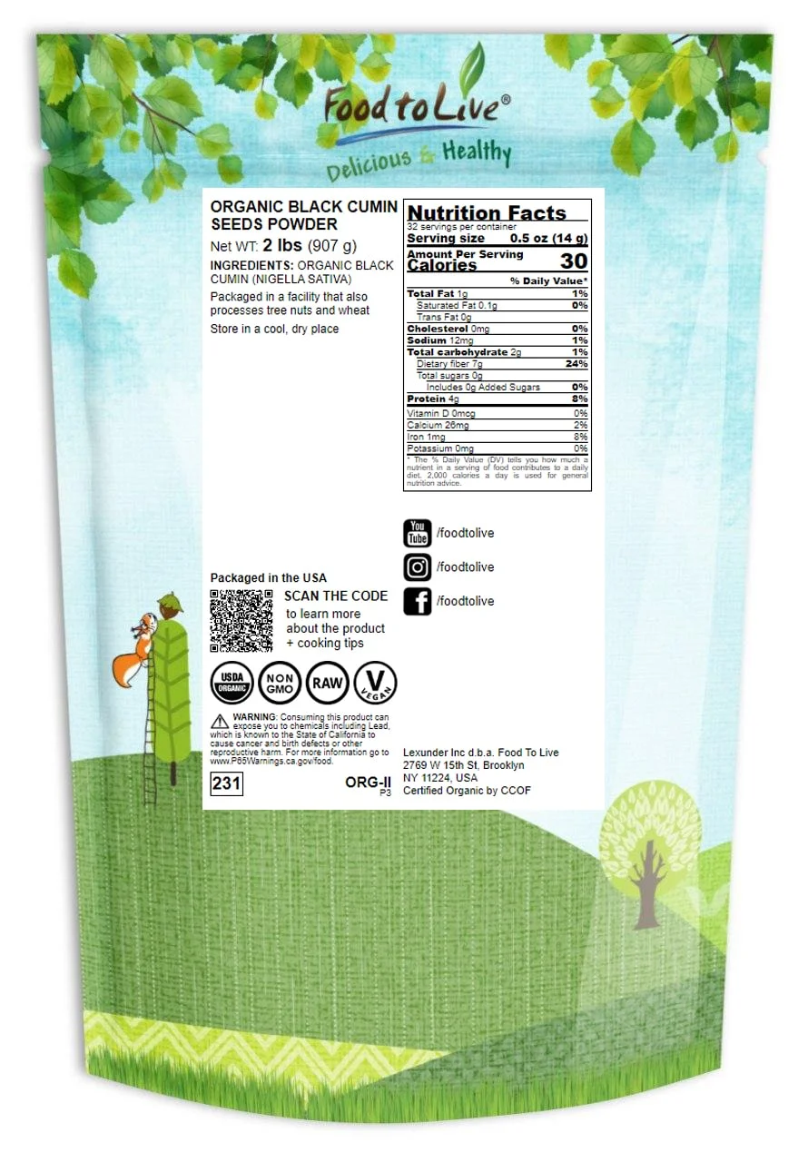 Food to Live Organic Black Cumin Seeds Powder, 2 Pounds – Non-GMO, Vegan, Bulk