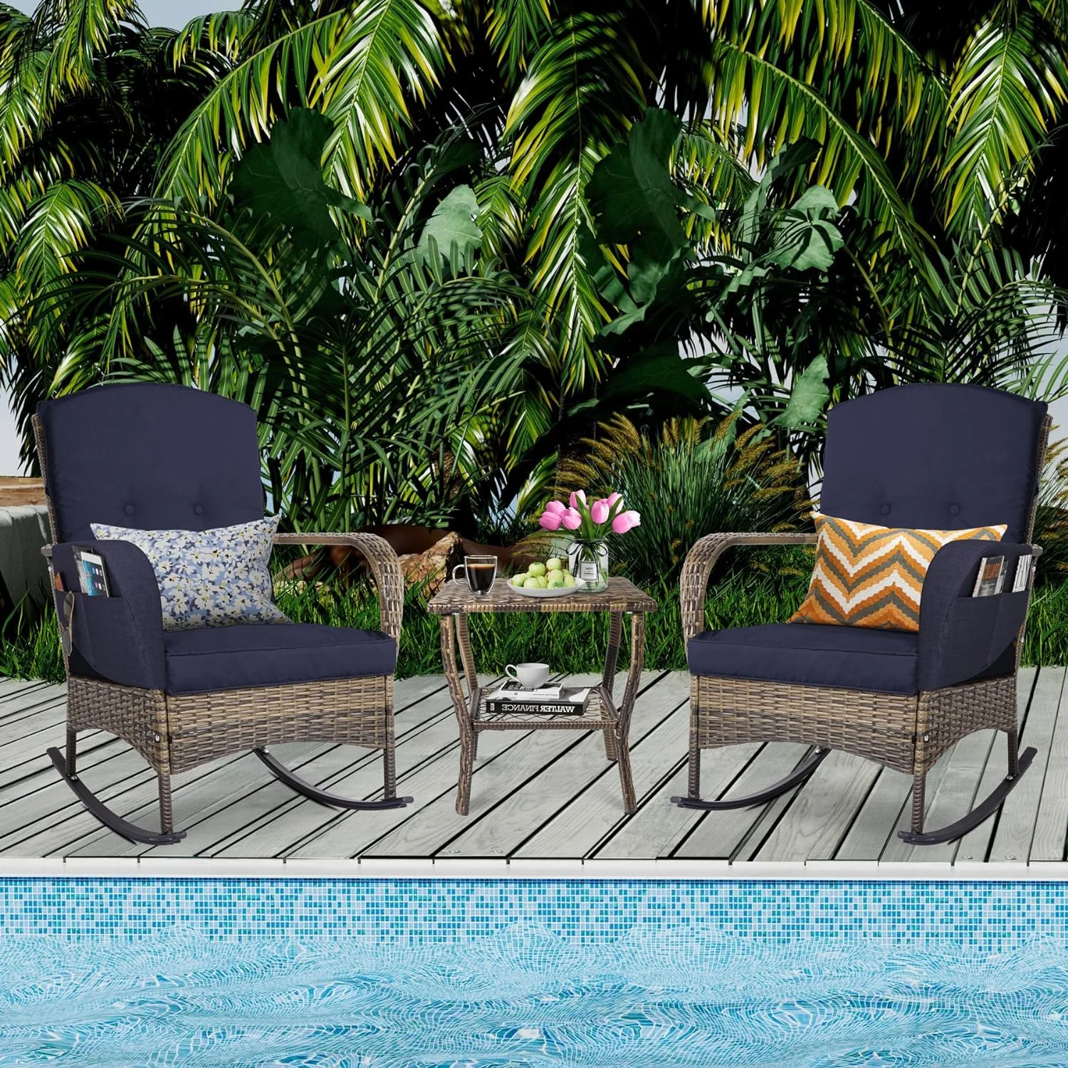 SJYHJKS 3-Piece Outdoor   Patio Conversation Chair  Wicker Rocking Chair with  for Porch  Garden  Poolside & Deck  Beige