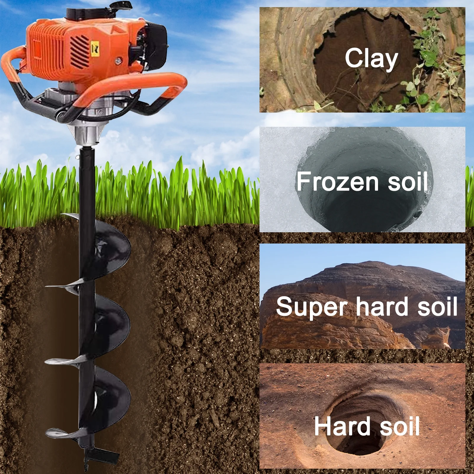 JSTUOKE 62cc 2100W Post Hole Digger 2 Stroke Petrol Gas Powered Earth Digger with 2 Auger Drill Bits ( 6