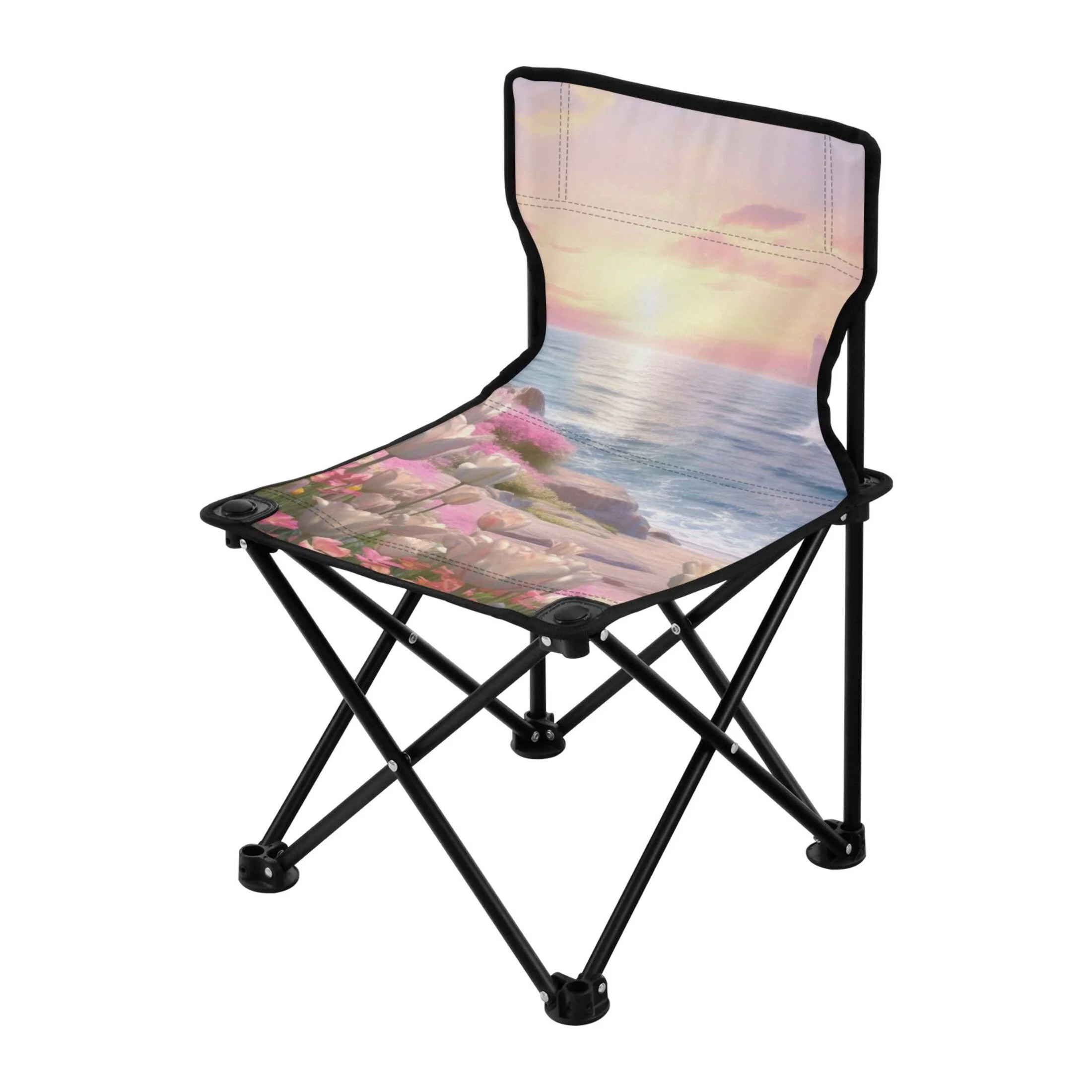 Flowers and Ocean Landscape Portable Camping Chair Small for Kids Outdoor Folding Beach Chair Fishing Chair Lawn Chair with Carry Bag