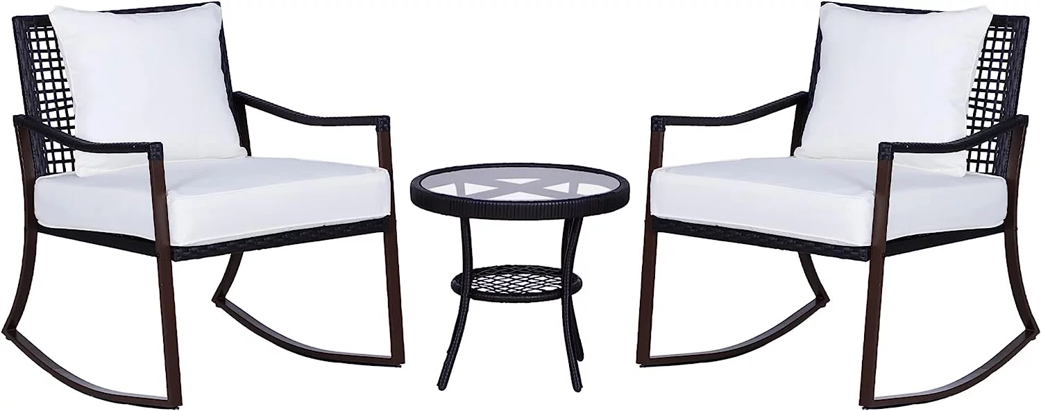 3 Piece S Rocking Bistro Set, Outdoor PE Rattan Wicker Rocking Chairs with Cushioned, Pillows, Two-Tier Glass Storage Shelf Coffee Table, Cream White