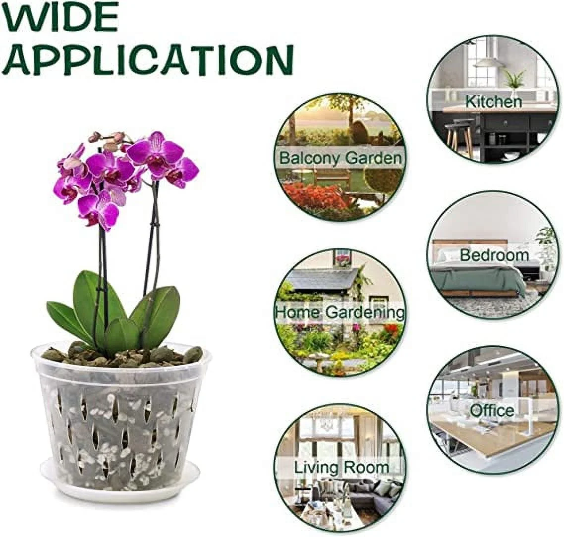 Nvzi 5 Pack Orchid Pots, 5 Inch Clear Orchid Pots with Holes & Saucers, Plastics Breathable Slotted Orchid Planter Indoor Outdoor, 100