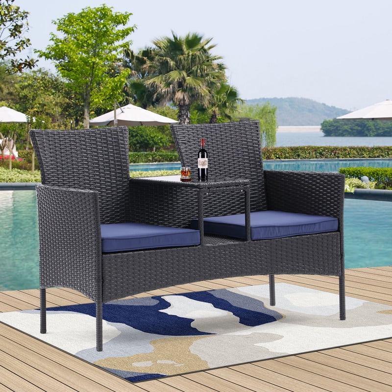 Outdoor Patio Loveseat Set,All Weather PE Rattan and Steel Frame Conversation Furniture with Built-in Coffee Table,Tempered Glass Top and Removable Cushions for Garden Lawn Backyard (Coffee+Blue)