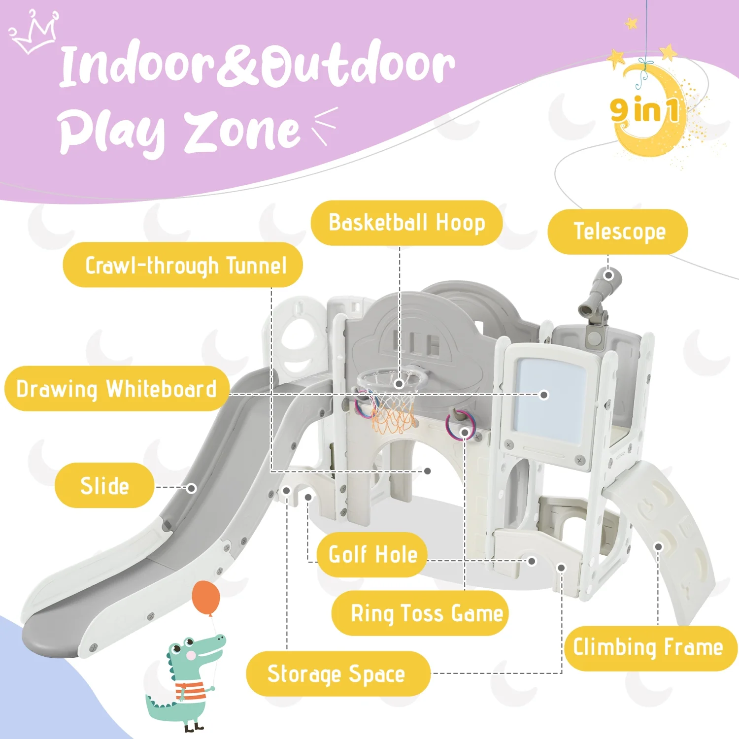 Kids Slide Playset Structure 9 in 1  Freestanding Spaceship Set with Slide  Arch Tunnel  Ring Toss  Drawing Whiteboardl and Basketball Hoop for Toddlers  Kids Climbers Playground