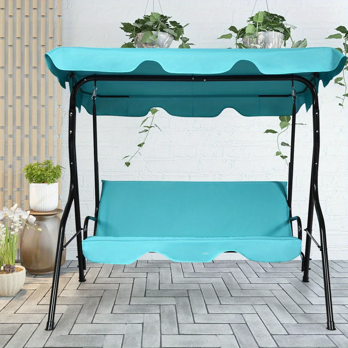 Patio 3 Seats Canopy Swing Glider Hammock Cushioned Steel Frame Backyard Blue