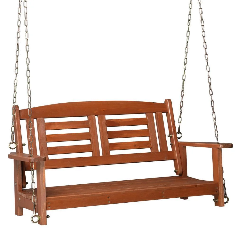 2 Person Porch Swing Bench Wooden Hanging Swing Chair Garden Patio Reddish-Brown