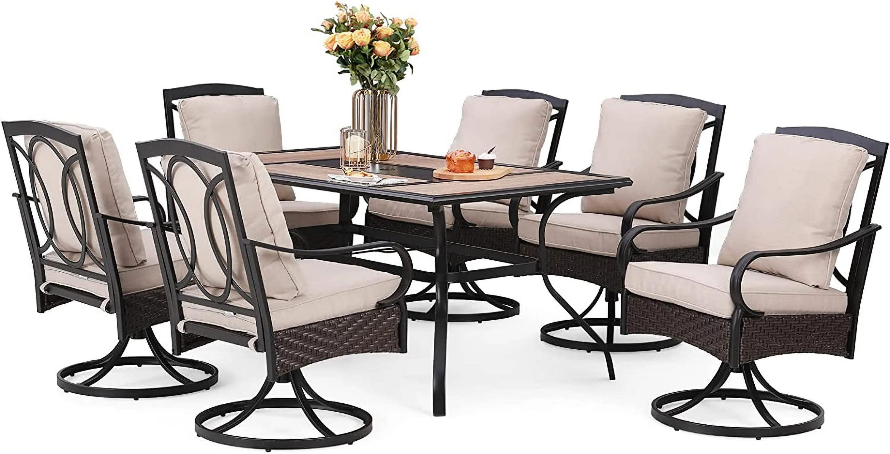 & William 8 Piece Patio Table and Chairs with 13ft Double-Sided Umbrella Outdoor Dining Furniture Set with 6 Padded Swivel Rocker Dining Chairs  1 Rectangular Metal Patio Table and 1
