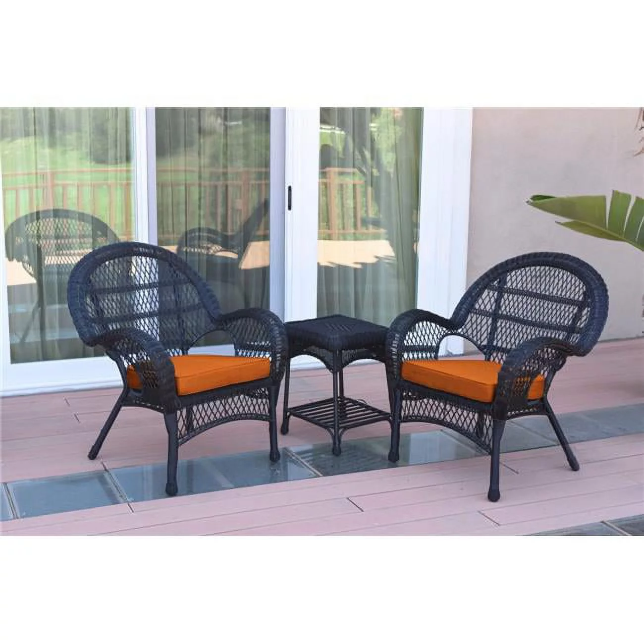 Jeco W00211-2-CES016 3 Piece Santa Maria Black Wicker Chair Set, Orange Cushion