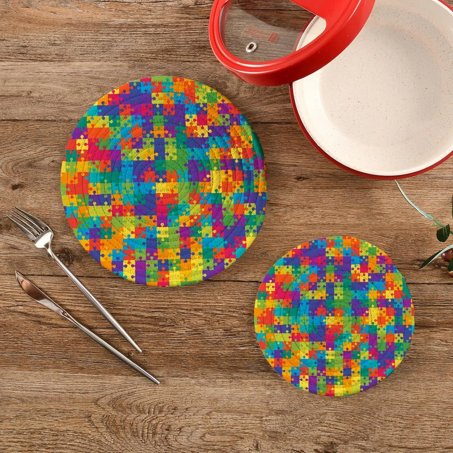 Wellsay Funny Puzzles Print Pot Holders Trivets 2 Pcs Heat Resistant Trivets for Hot Dishes,Colorful Mosaic Cotton Thread Weave Trivet Mats for Hot Pads Pans Pot Bowl Teapot for Kitchen Decor
