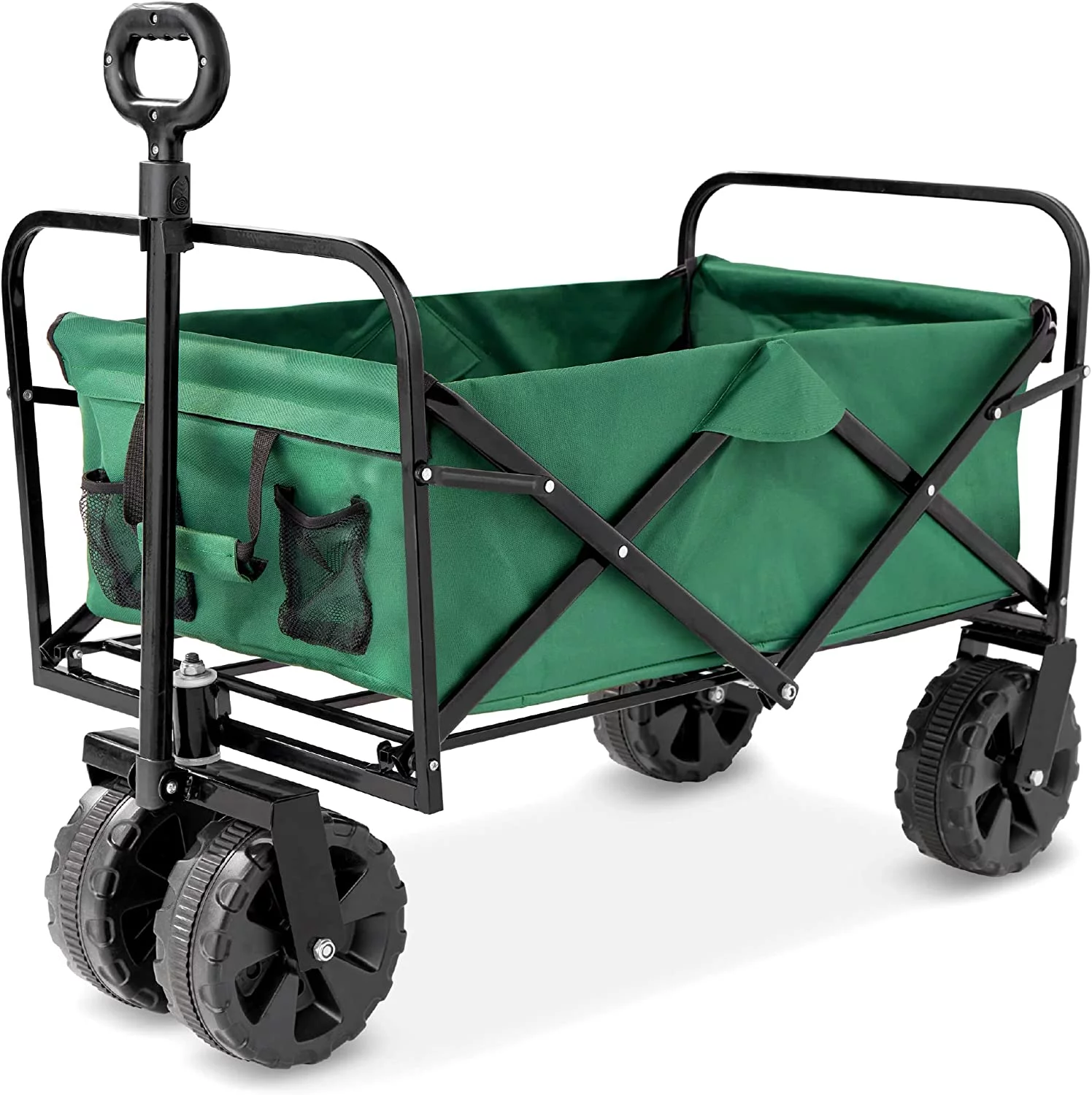 36in Collapsible Folding Utility Wagon, Multipurpose Indoor Outdoor Mobile Cart for Garden, Beach, Park, Shopping w/ 360-Degree Wheels, Adjustable Handle, 150lb Capacity - Green