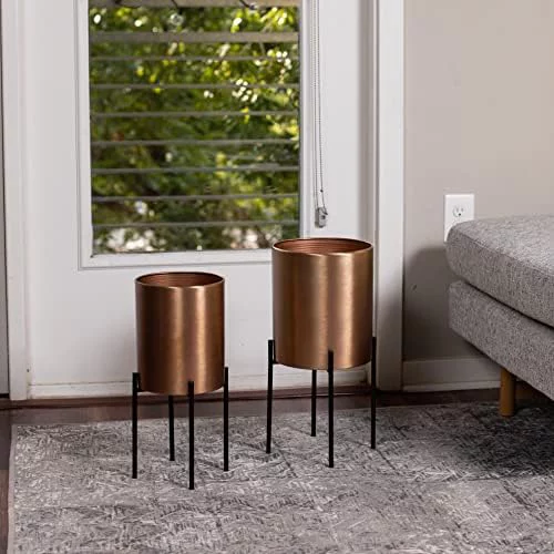 2pc Planter with Stand - Mid-Century Bronze Pots with Black Stands - Small Large Holders - Small Flowers Plants - Mid-Century Brushed