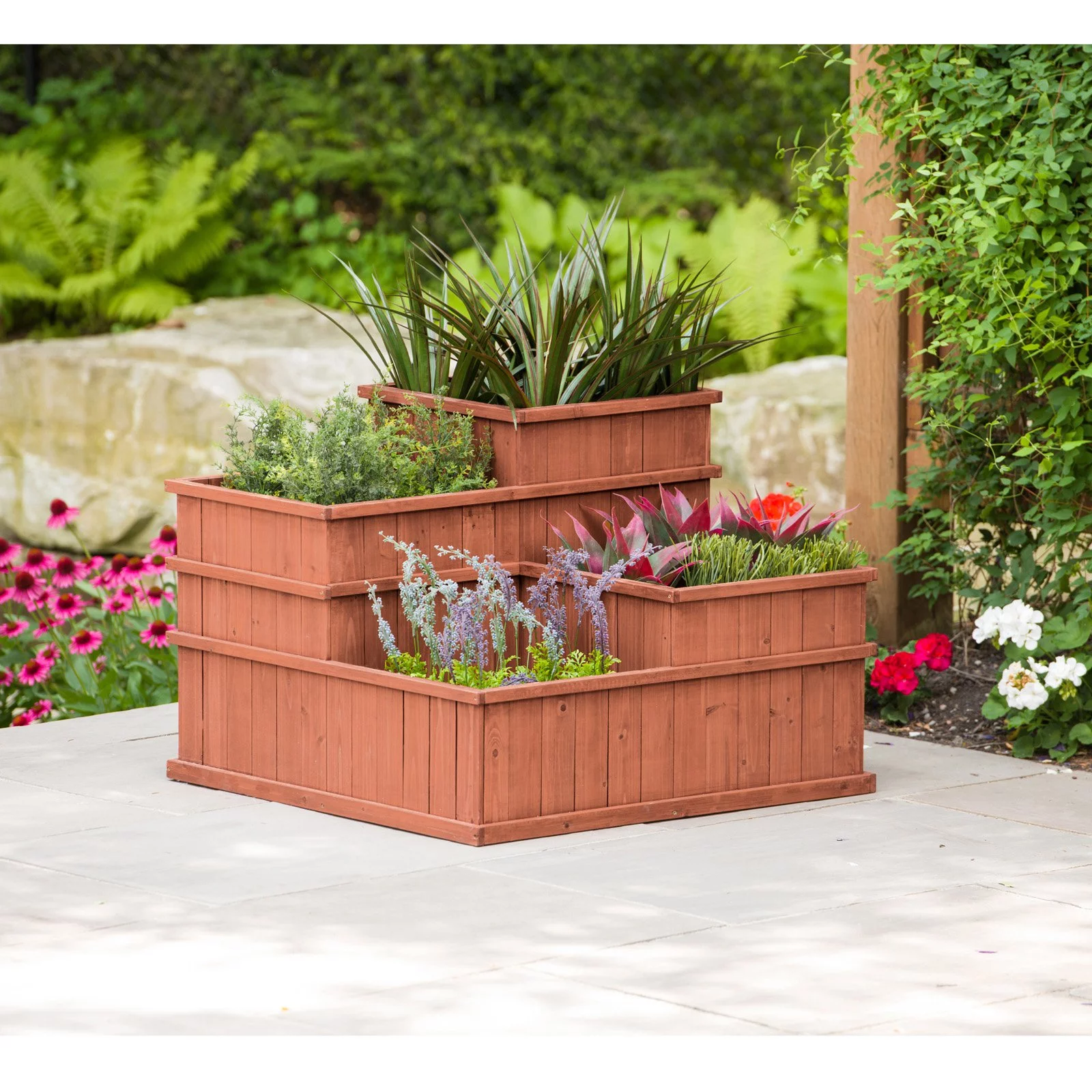Leisure Season 4 Separate Compartments Wood Planter in Medium Brown