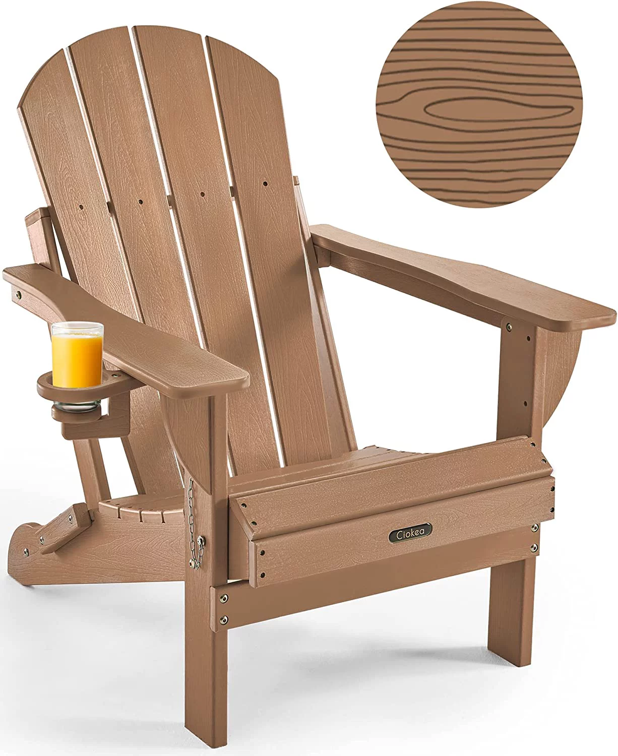 Folding Adirondack Chair Wood Texture, Patio Adirondack Chair Weather Resistant, Plastic Fire Pit Chair with Cup Holder, Lawn Chair for Outdoor Porch Garden Backyard Deck (Teak)