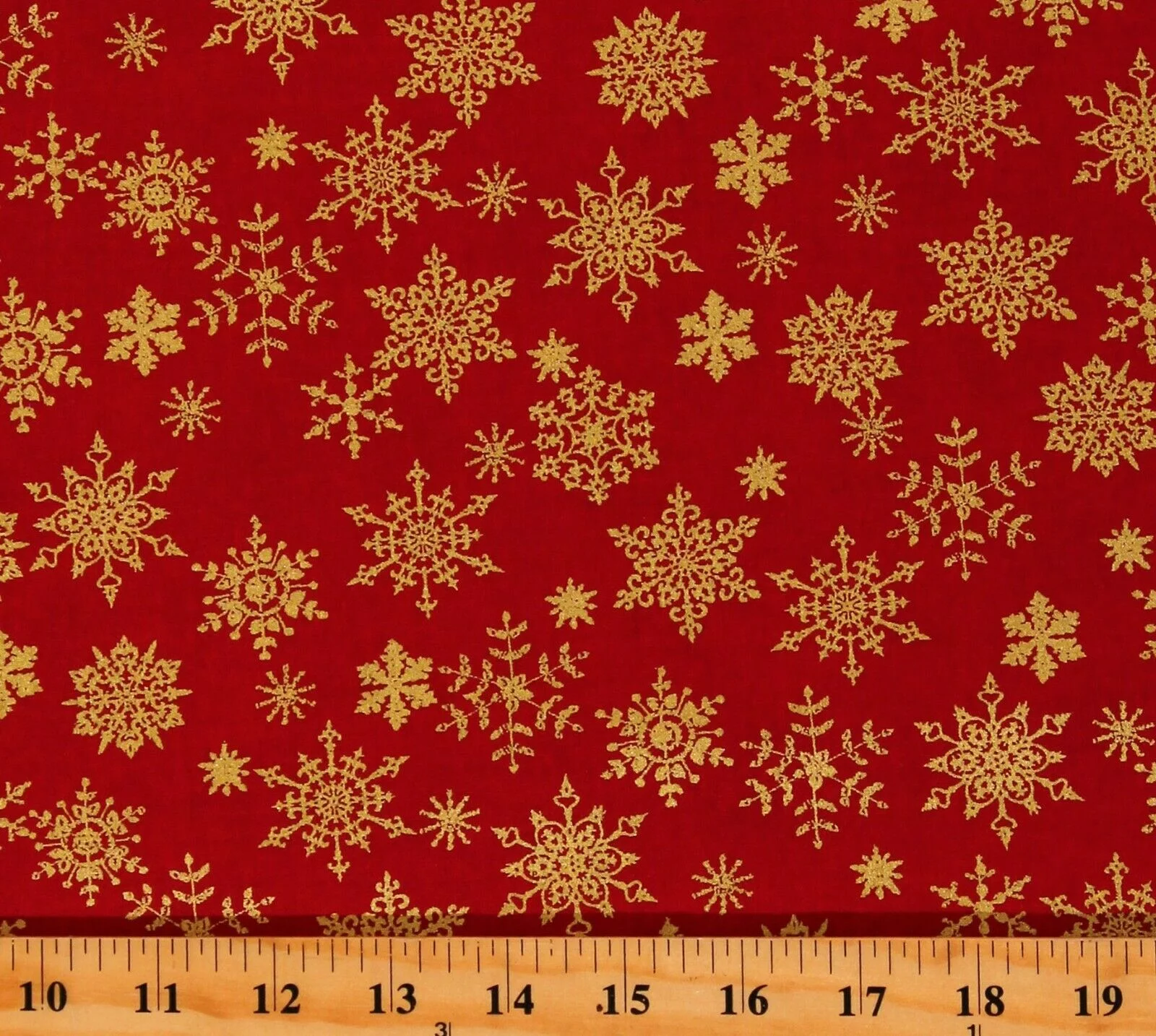 Cotton Holly Jolly Christmas Winter Metallic Gold Snowflakes on Red Cotton Fabric Print by the Yard (109102)