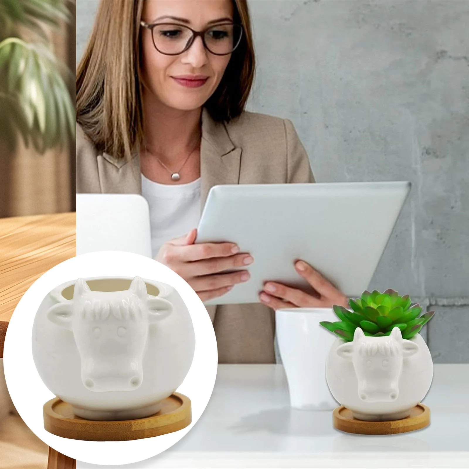 Bnnlsa Flower Pots Succulent Pots Cute 4.72 Inch Indoor Animal Cow Shaped Cartoon Ceramic Succulent Cactus Flower Pot with Tray Plant Not Included