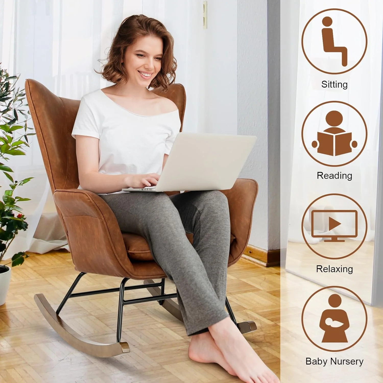 CHIOPKM Rocker Glider Chair Modern Nursery Rocking Chair PU Leather  with Wooden Base High Backrest and Armrests Padded Seat Comfy Upholstered  Chair   Room Bedroom Office Brown