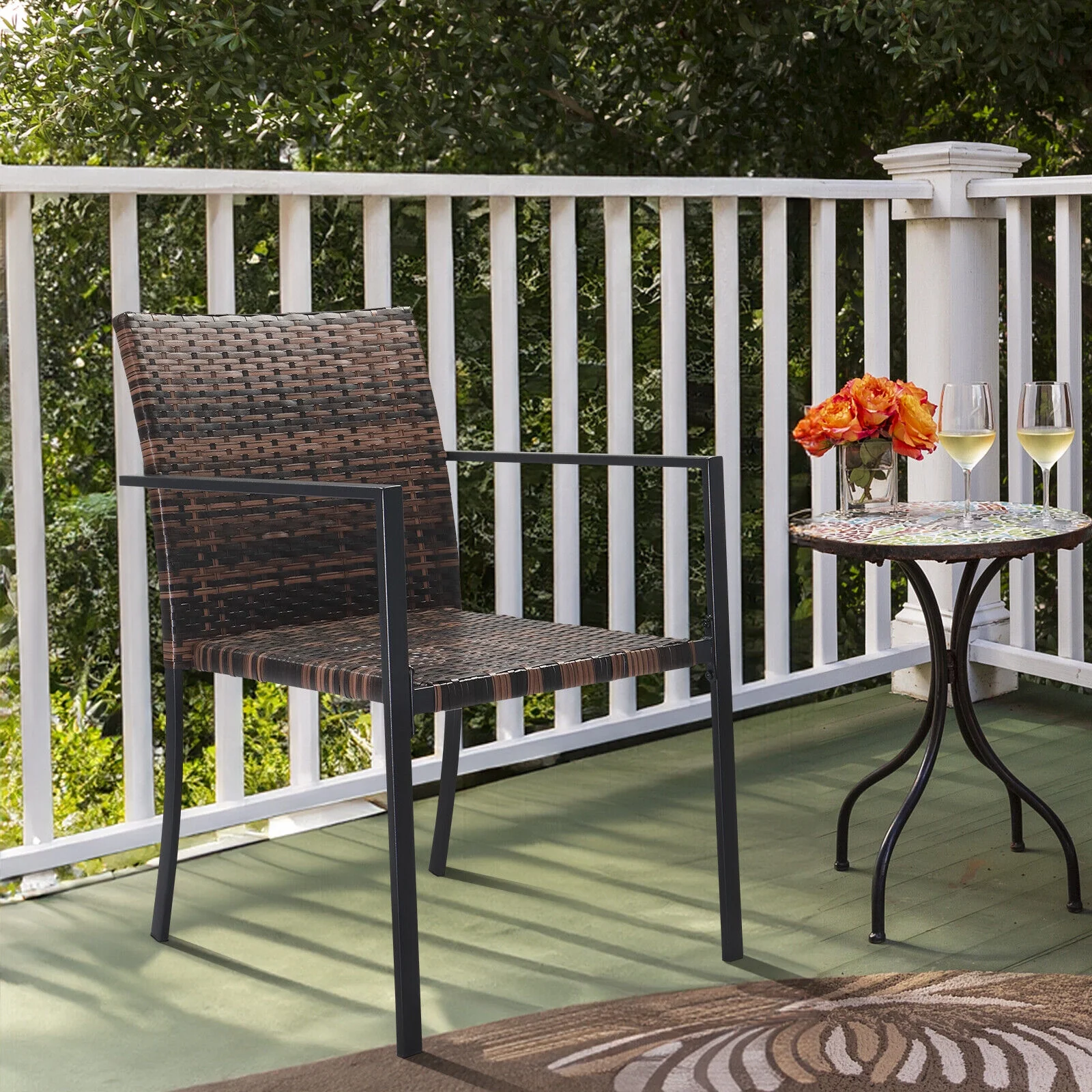 Set Of 2 Stackable Outdoor Yard Wicker Patio Dining Chairs Armchair Steel Frame