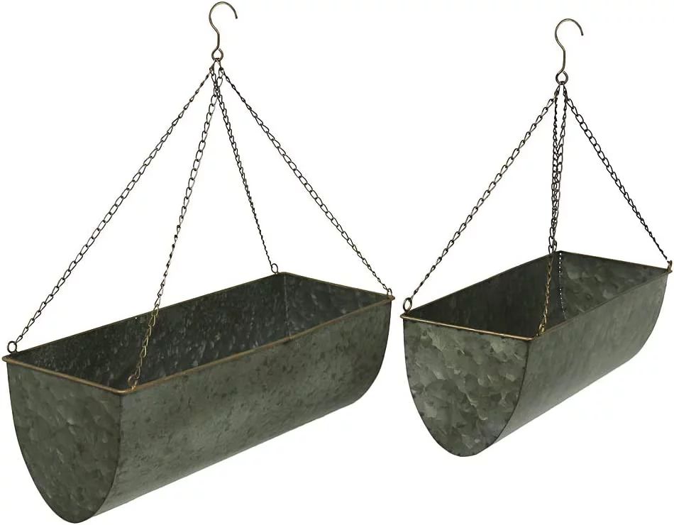 Metal Hanging Planters: Set of 2 Indoor/Outdoor Trough Planters in Grey, 20 and 16 Inches Long, Perfect for Western or Farmhouse Home Decor