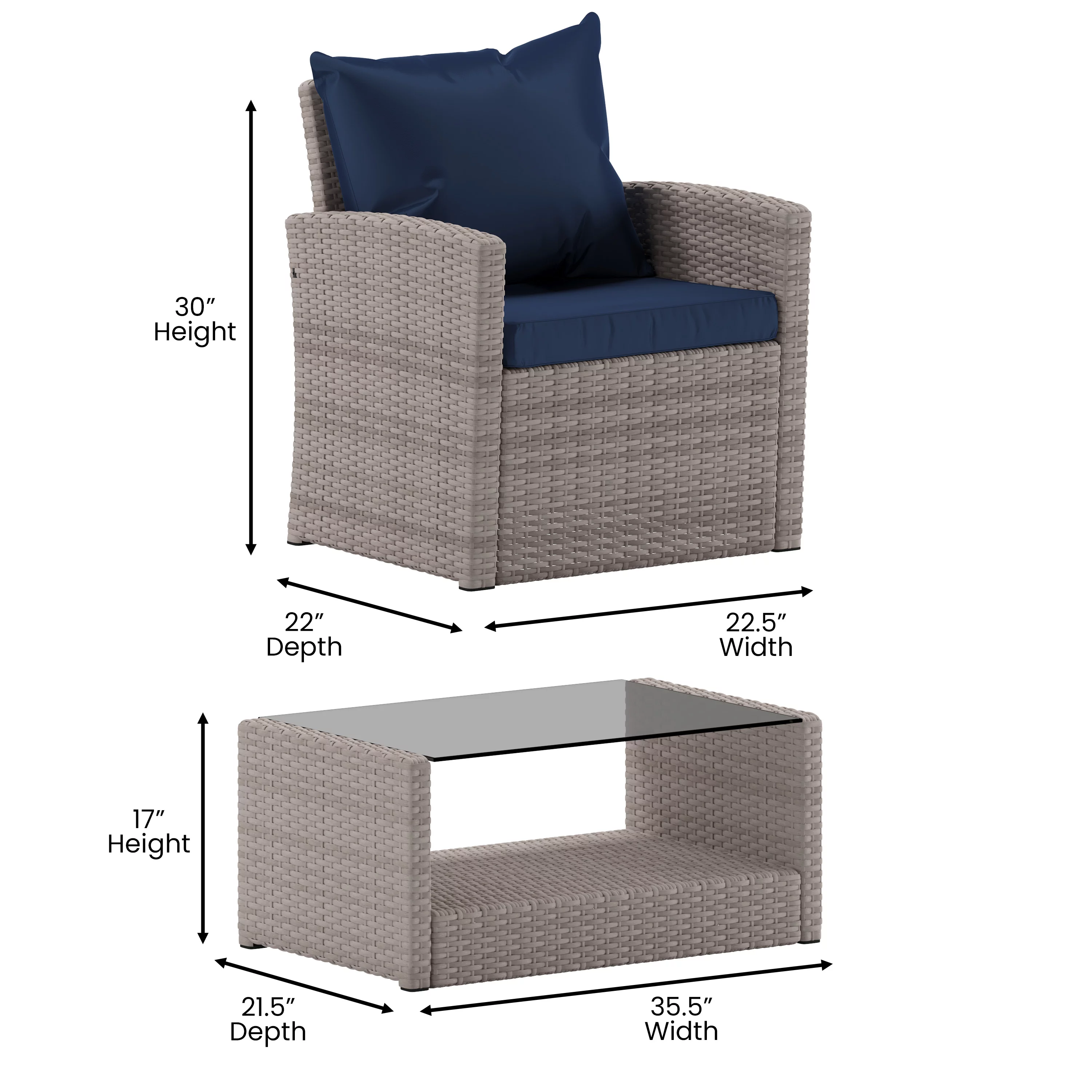 BizChair Series 4 Piece Light Gray Patio Set with Navy Back Pillows and Seat Cushions