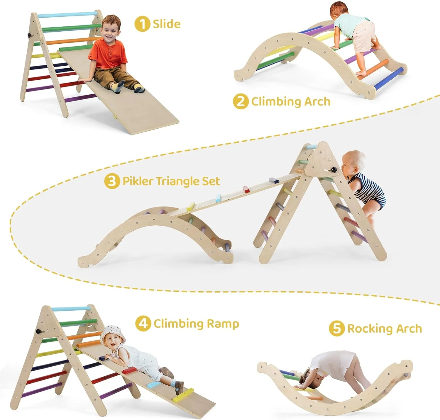 Arlopu 3 Pieces Pikler Triangle Climber Set Foldable Toddler Climbing Triangle Ladder with Ramp & Arch Indoor Outdoor Wooden Climbing Toy with Slide