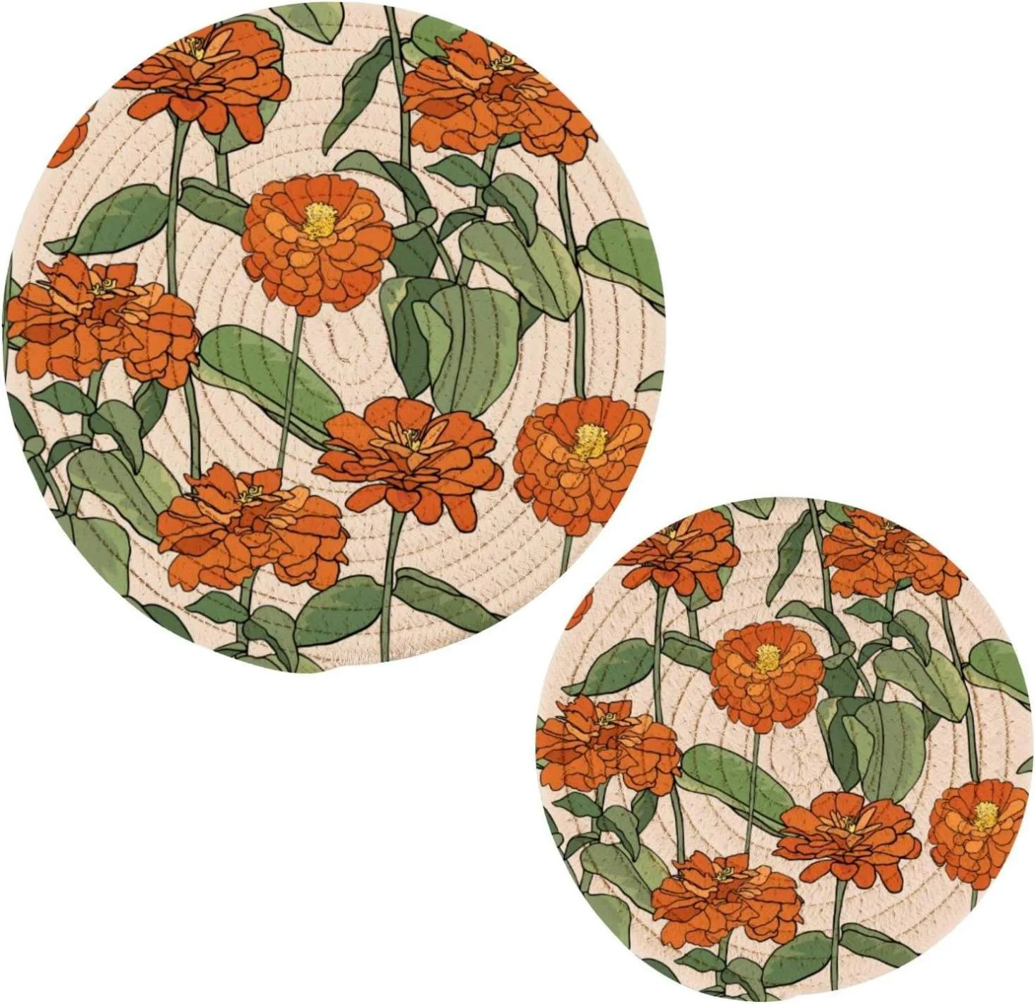 Fall Flowers Colorful Potholders Set Trivets Set 2 PCS, Autumn Zinnia Floral Pot Holders for Kitchen, 100% Cotton Woven Hot Pads for Kitchen, Trivets for Kitchen Heat Resistant, 7.09